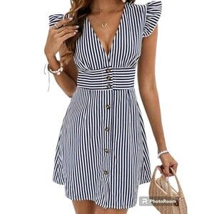 Women's Blue & White Frenchy Striped Print Button Front Butterfly Sleeve Short
